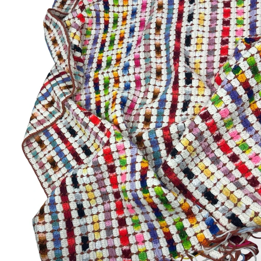 VTG Boho Stripe Rainbow Hand Knit Crochet Blanket Throw Afghan 5'x4' Cottagecore